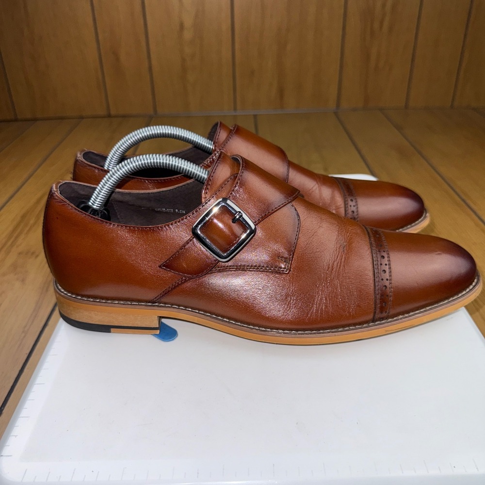 Stacy Adams Mens Cognac Brown Leather Cap Toe Single Monk Strap Shoes 25162-221 - Picture 12 of 16